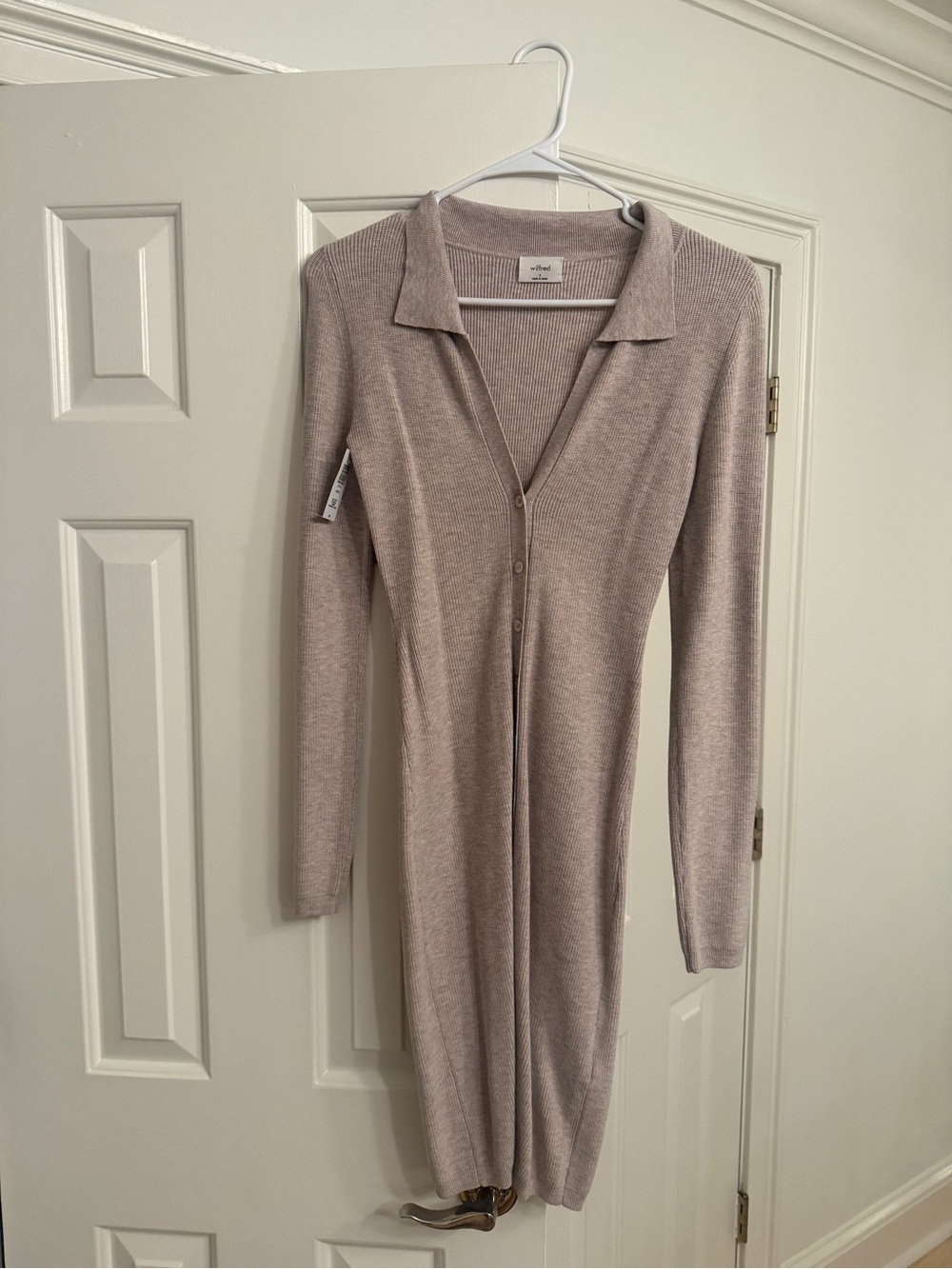 Aritzia Ribbed Button-Front Long-Sleeve Midi Dress in Taupe